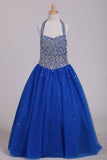 Flower Girl Dresses Halter Beaded Bodice A Line Tulle Royal Blue