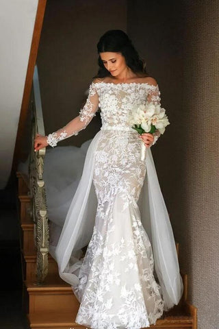 Mermaid Long Sleeve Lace Appliques Off the Shoulder Detachable Train Wedding Dresses SJS15262