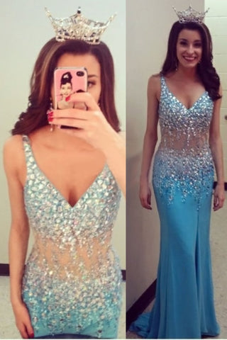 V-Neck Prom Dresses Column Beaded Bodice