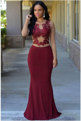 Jersey Scoop Neck Sexy Burgundy Mermaid Long Sleeves Zipper Appliques Prom Dresses JS480