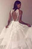 A Line Sleeveless Tulle Prom Dress With Appliques, Cheap Beach Wedding Dress