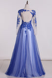 See-Through Prom Dresses Scoop Long Sleeves Tulle With Applique A Line