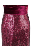 Sexy Sequins Mermaid V Neck Burgundy Velvet Long Prom Dresses Backless Evening Dress SJS15352