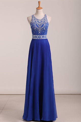 Sexy Open Back Scoop Prom Dresses A Line Chiffon With Beading