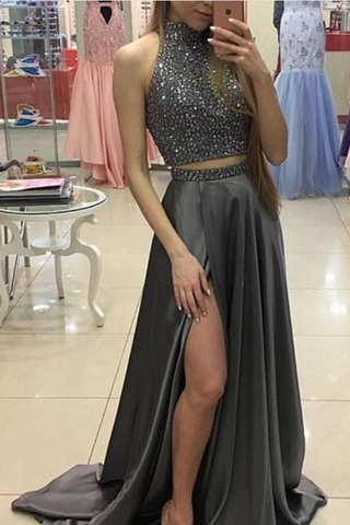 Two Pieces Beaded Gray Front Split Long Modest Prom Dresses Sparkly Prom Dresses JS675