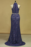 Prom Dresses Sheath High Neck Two Pieces Lace Sweep Train