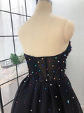 Elegant A Line Sweetheart Strapless Black Tulle Prom Dresses with Beading SJS15578