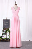 Chiffon Bridesmaid Dresses A Line V Neck Ruched Bodice Floor Length