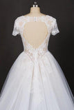 A-line Short Sleeves Beads V Neck Lace Applique Wedding Dresses, Bridal Dress SJS15051