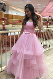 Unique Pink Tulle Long Prom Dresses, Strapless Belt Sweet 16 Dress SJS15462