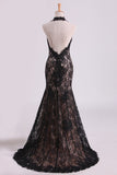 Black Halter Prom Dresses Mermaid Lace Floor Length Open Back