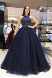 Elegant Scoop Royal Blue Ball Gown Open Back Halter Beading Tulle Prom Dresses UK JS438