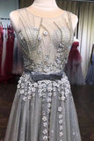 A Line Grey Tulle Beads 3D Flowers Round Neck Long Prom Dresses with Belt SJS15000