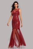 See Through Burgundy Mermaid Bateau Prom Dresses with Beading Tulle Party Dresses SJS15324