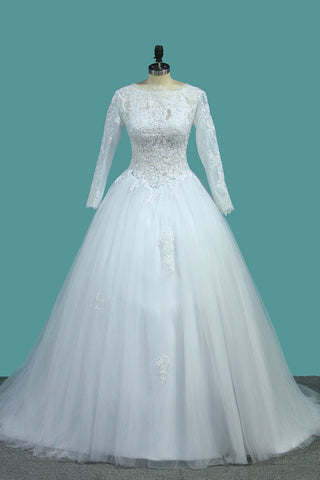 Bateau Long Sleeves A Line Tulle Wedding Dresses With Applique Court Train