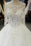 Luxury Wedding Dresses A-Line Floor Length Long Sleeves Lace Up Back Tulle With Applique And Beading