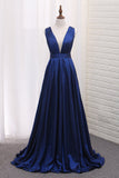 A Line Taffeta Deep V Neck Evening Dresses Sweep Train