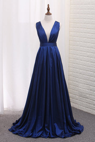 A Line Taffeta Deep V Neck Evening Dresses Sweep Train