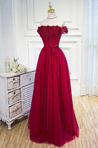 A-line Tulle Burgundy Short Sleeve Off-the-Shoulder Scoop Hand-Made Flower Prom Dresses JS776