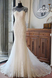 Elegant Mermaid Scoop Neck Tulle Beads Lace Appliques Chapel Train Long Sleeve Wedding Dress JS739