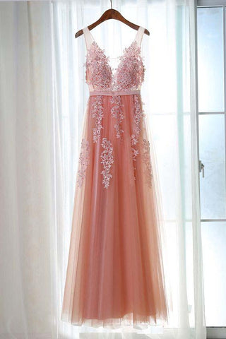 Charming Appliques Tulle V-Neck Beads Sleeveless Scoop Pearl Pink Prom Dresses JS408