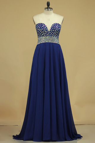 Sleeveless A Line Floor Length Prom Dresses With Shiny Rhinestone Chiffon