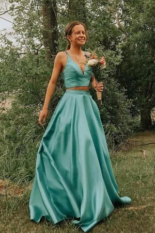 Simple A Line Two Pieces V Neck Satin Green Prom Dresses, Cheap Formal Dress SJS15598