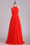 Prom Dresses Halter A Line Chiffon With Beads Floor Length