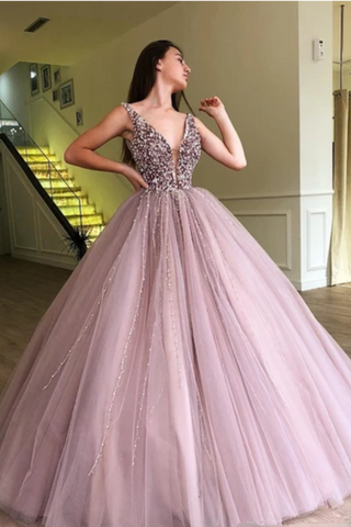 Beaded Tulle Deep Illusion V Neck Ball Gown Prom Dress Floor Length