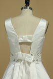 A Line Scoop Beaded Waistline Wedding Dresses Satin With Bow Knot Court Train