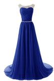 Scoop Prom Dresses A Line Pleated Bodice Chiffon With Beads Dark Royal Blue