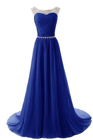 Scoop Prom Dresses A Line Pleated Bodice Chiffon With Beads Dark Royal Blue