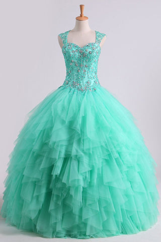 Mint Sweetheart Floor Length Beaded Bodice Quinceanera Dresses Tulle Ball Gown