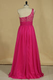 Prom Dress One Shoulder Beaded Tulle Bodice Ruffled Waistline With Shirred Chiffon Skirt