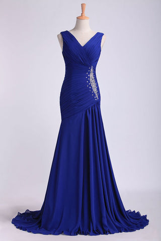 V Neck Pleated Bodice Column Sweep Train Prom Dress With Beads