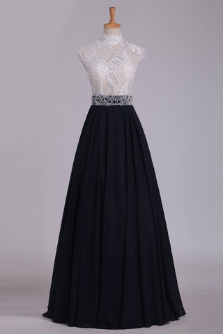 Prom Dresses High Neck Chiffon With Applique A Line Floor Length