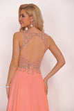 Sexy Open Back Scoop Prom Dresses With Beading Chiffon