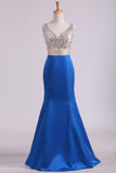 Prom Dresses Mermaid V Neck Open Back Satin & Tulle With Beading