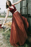 Elegant Two Pieces Burgundy V Neck Tulle Prom Dresses Tulle Open Back Evening Dresses P1057