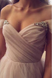 A Line Sweetheart Beaded Off the Shoulder Pink Long Prom Dresses Wedding Dress JS132