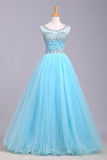 Ball Gown Blue Scoop Sequins Organza Long Prom Dresses Elegant Party Dresses JS165