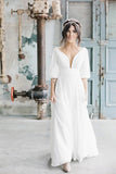 Simple A Line Ivory Chiffon V Neck Wedding Dresses Half Sleeves Long Wedding SJSP42YQLZ1