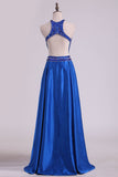 Floor Length A Line Scoop Open Back Prom Dresses Satin Beaded Bodice