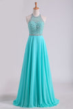 Open Back A Line Prom Dresses Halter Beaded Bodice Sweep Train Chiffon & Tulle