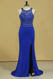 Dark Royal Blue Open Back Prom Dresses Scoop Spandex With Beading And Slit Sweep Train