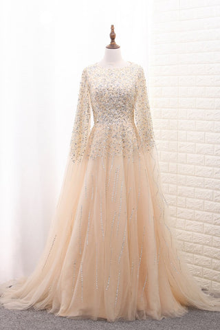 Shiny A Line Prom Dresses Scoop Tulle With Beading & Rhinestones Sweep Train