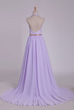 Prom Dresses A Line Halter Chiffon & Lace With Beading Sweep Train Open Back