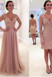 Long Sleeves V-neck Tulle Prom Dress with Detachable Train dusty pink sexy prom dress PD210187