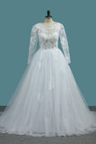 A Line Open Back Long Sleeves Scoop Wedding Dresses Tulle With Applique