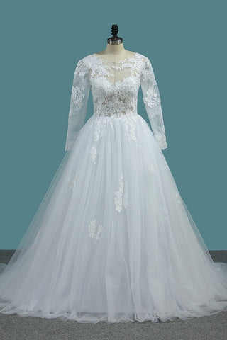 A Line Open Back Long Sleeves Scoop Wedding Dresses Tulle With Applique